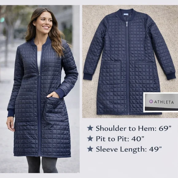 Athleta Grandview Prima Loft Long Quilted Jacket Navy Lightweight Puffer-SZ S - Picture 14 of 14